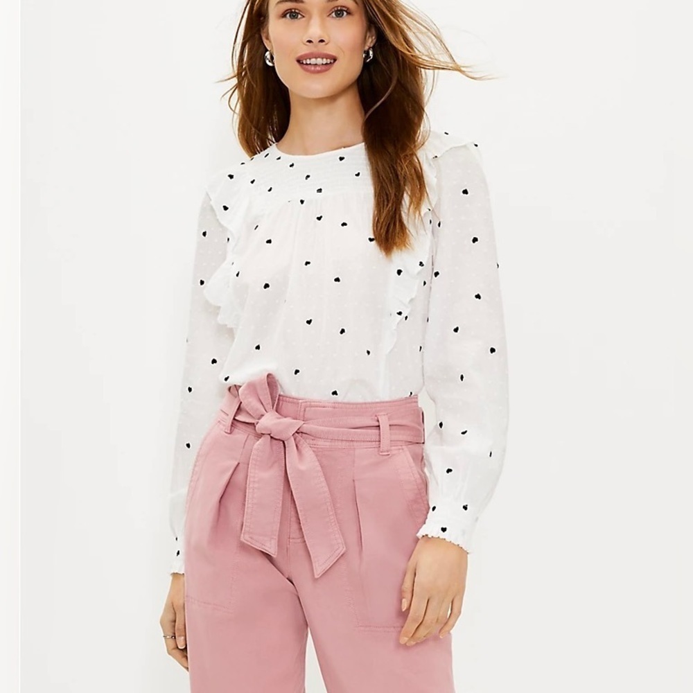 NEW Ann Taylor White Heart Print Long Sleeve Ruffle Top